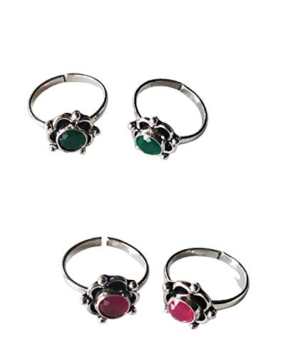 Oxidized German Silver Flower Toe Rings with Stones (2 Pairs)