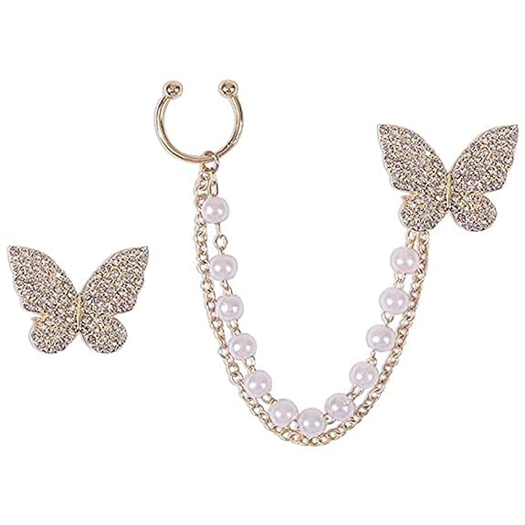 Butterfly Ear Cuff & Pearl Chain Drop Stud Earrings – Gold-Plated AD