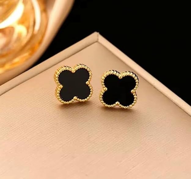 Dainty Jewels Black Clover Stud Earrings – Stainless Steel for Women & Girls