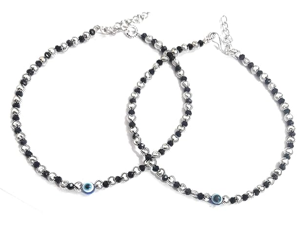 Black & Silver Heart Bead Anklet with Blue Evil Eye