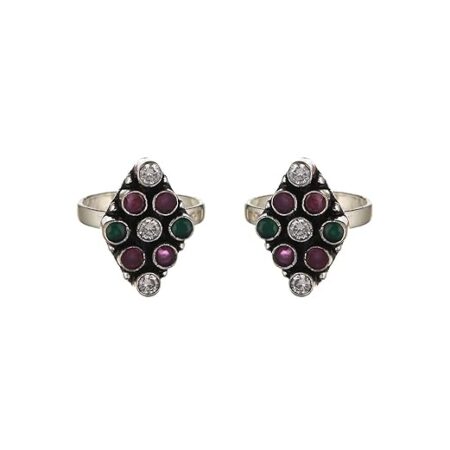 Set of 2 Oxidised Multi Colored AD studded Adjustable Toe Rings