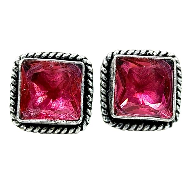 Oxidized Silver Square Monalisa Stone Stud Earrings for Women & Girls