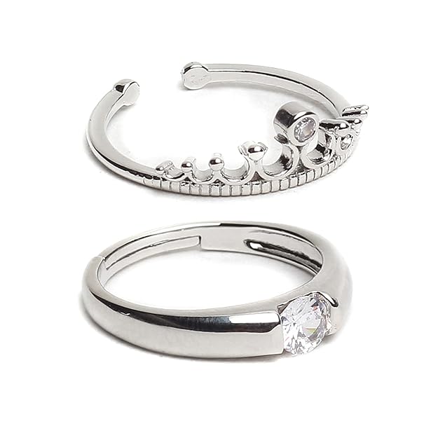 Couples Silver Metal Adjustable Ring Set
