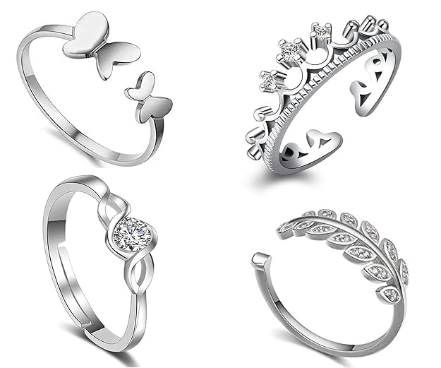 Rhodium Plated Adjustable Ring Set – Combo of 4 with White Crystals