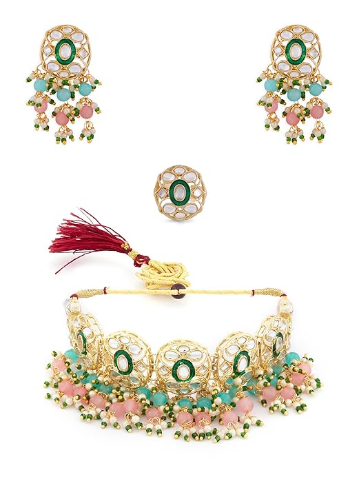 Pink & Green Beads Cluster Drops Kundan Choker Necklace