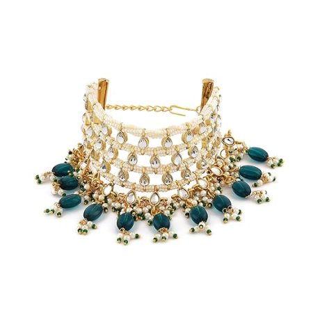 Green Beads Traditional Kundan & Pearls Bracelet For Women