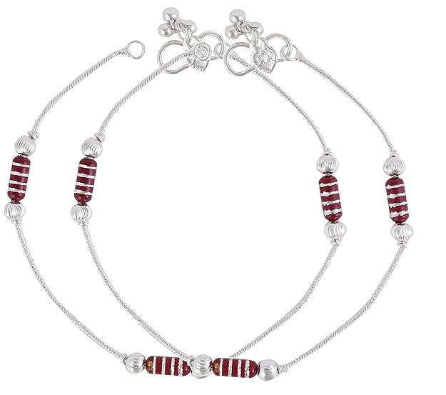 Red Beaded Traditional Silver Plated Anklets for Girls & Women