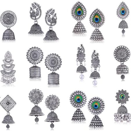 Oxidized Silver Jhumka & Chandbali Earrings Combo – Traditional Jewelry