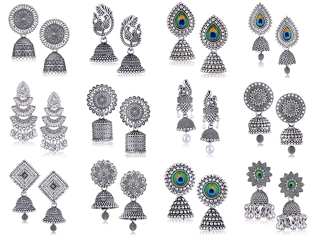 Oxidized Silver Jhumka & Chandbali Earrings Combo – Traditional Jewelry