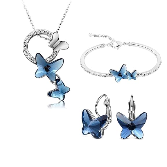 Shining Diva Fashion Italian Designer Platinum Plated Crystal Butterfly Earrings Chain Pendant Necklace Combo Jewellery Set for Women and Girls (Blue) (14603s)