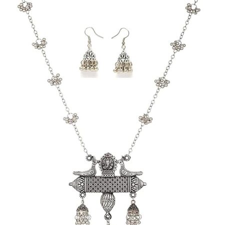 Latest Oxidised German Silver Afghani Long Chain Pendant Earrings Necklace Jewellery Set for Women (Silver) (12013s)