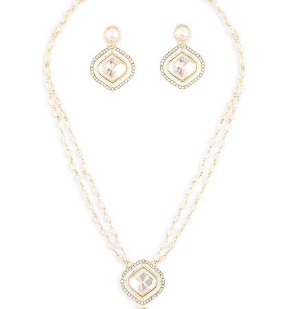 Gold Tone Double Layered Austrian Diamonds Beaded Embellished Necklace & Earring Set For Women-ZPFK17075