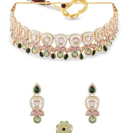 Green Pink Stones Austrian Diamonds Embellished Choker Necklace Earring & Ring Set For Women-ZPFK17672