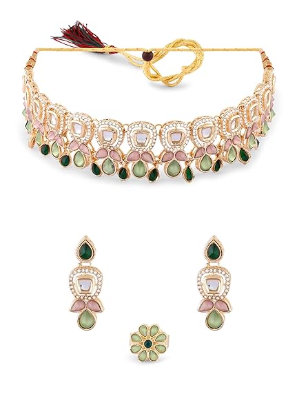 Green Pink Stones Austrian Diamonds Embellished Choker Necklace Earring & Ring Set For Women-ZPFK17672