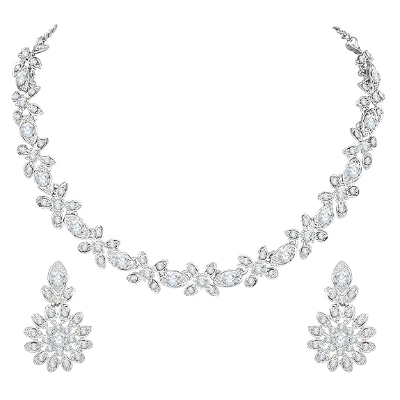 Crystal AD Diamond Necklace Jewellery Set with Earrings for Women and Girls | Suits Best Party, Wedding and Occasional Wear| Anniversary Gift for Her