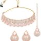 Rose Gold Plated Pink AD Stones & Beads Choker Necklace Set With Earring And Maangtika | Jewellery Set For Women (NS105560)