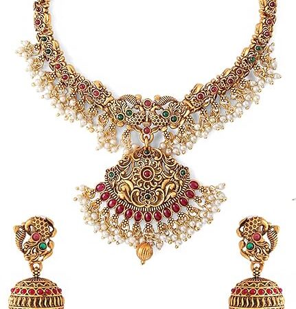 Yellow Chimes Necklace Set For Women And Girls Traditional Jewellery set for women Gold-Plated Temple Necklace Set Stone-Studded Necklace Set For Women & Girls