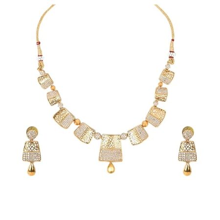 Gold-Plated Necklace & Earring Set – Intricate Cutwork, Pearl Drop