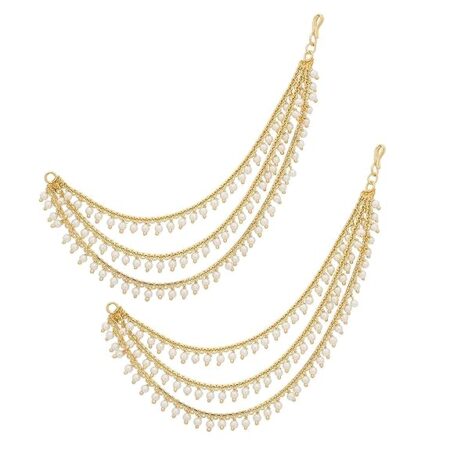 Gold kanchain 3 layer long bridal wedding ear kan chain Champaswaralu earchains Ear Chains for Hair Jhumka Jhumki kanoti moti pearl Traditional Earrings for women girls Golden-M020