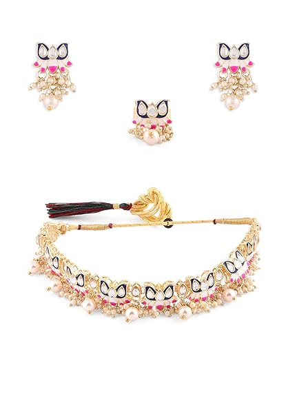 Blue & Pink Meenakari Lotus Design Choker Necklace Earring & Ring Set For Women-ZPFK14435