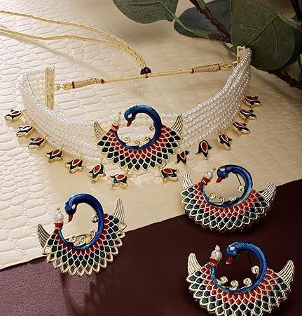 Multicolor Meenakari Peacock Inspired Multistrand Pearls Choker Necklace Earring & Ring Set For Women-ZPFK14436