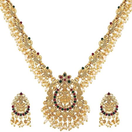 Fashion Latest Temple Design Gold Plated Traditional Pearl Necklace Jewellery Set for Women