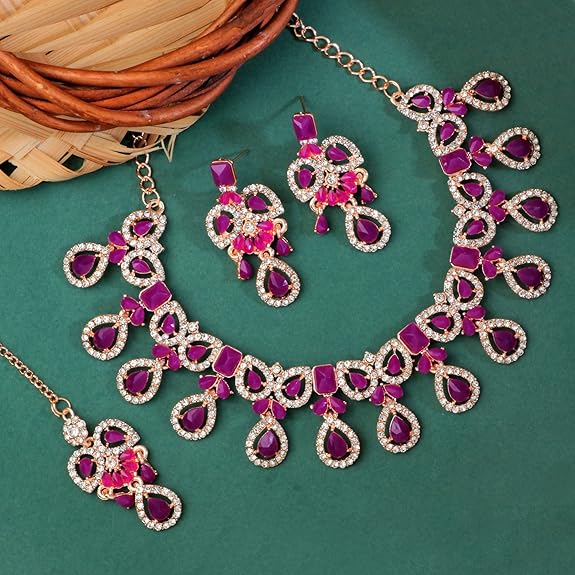 Crystal Diamond Necklace with Earrings and Maang Tikka for Women | Elegant Jewellery Set for Party, Wedding, and Engagement