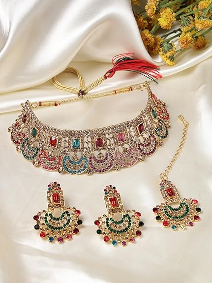 Curve Shaped Gold Plated AD Stones Choker Necklace Set With Earring And Maangtika | Jewellery Set For Women